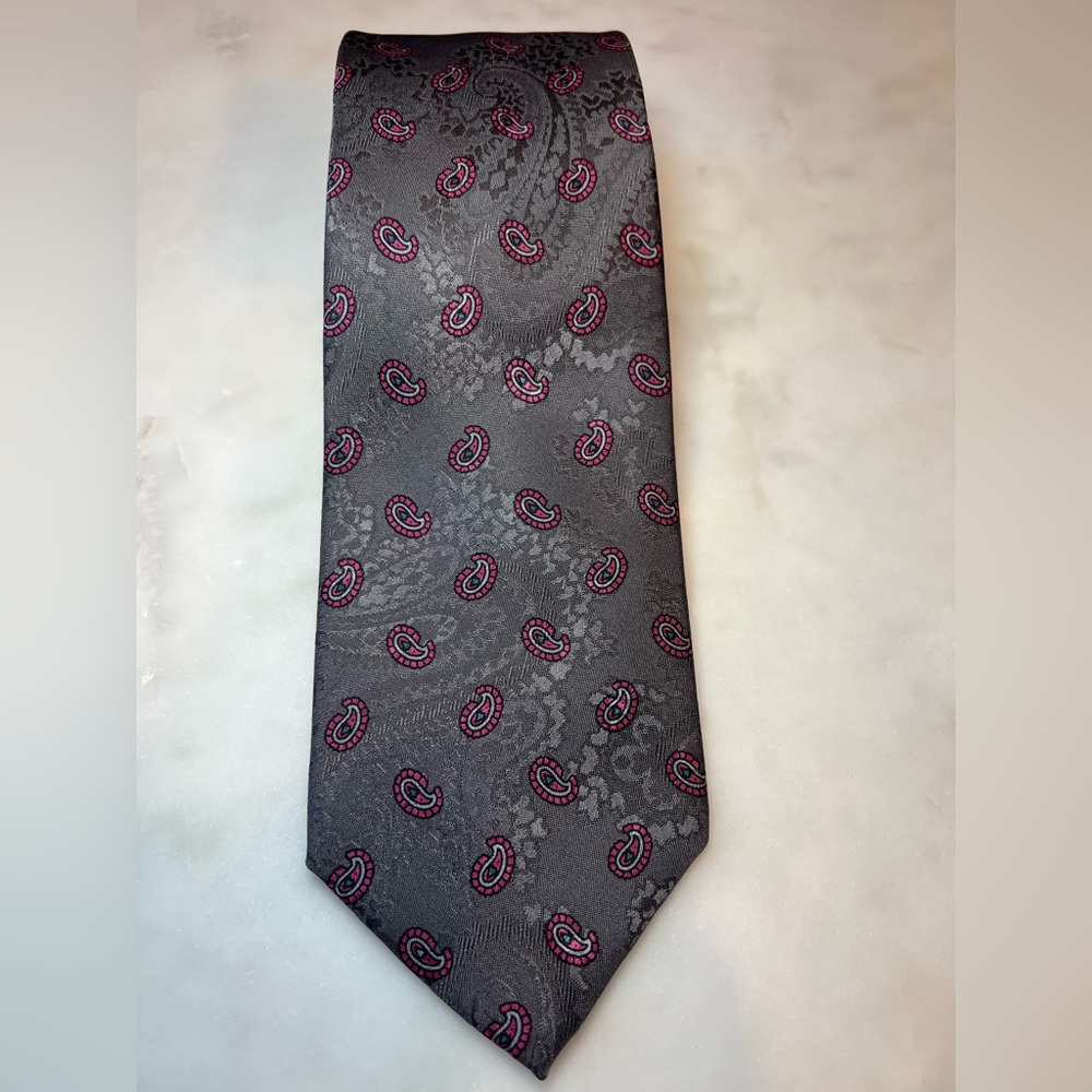 Vintage 90s Lanvin Paris Silk Tie Grey Pink Paisley Jacquard Luxury Necktie - Picture 2 of 4